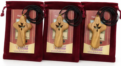 Handmade olive wood cross necklace with dove cutout from bethlehem – holy land christian pendant cord velvet gift pouch
