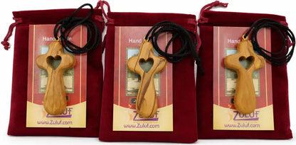 Handmade olive wood cross necklace with heart cutout from bethlehem – christian pendant adjustable cord and velvet bag