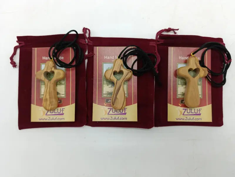 Handmade olive wood cross necklace with heart cutout from bethlehem – christian pendant adjustable cord and velvet bag