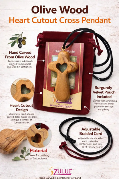 Handmade olive wood cross necklace with heart cutout from bethlehem – christian pendant adjustable cord and velvet bag