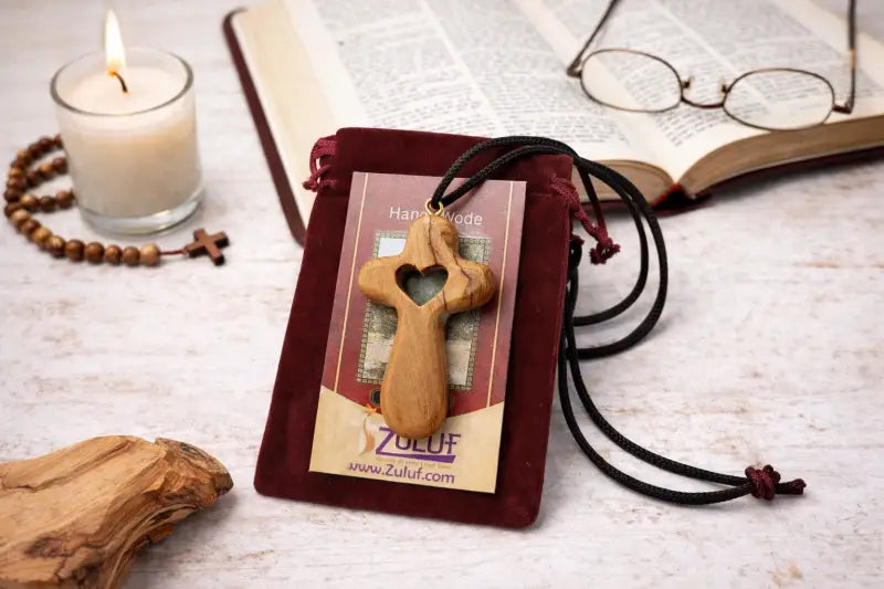 Handmade olive wood cross necklace with heart cutout from bethlehem – christian pendant adjustable cord and velvet bag