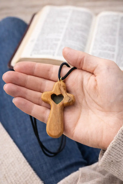 Handmade olive wood cross necklace with heart cutout from bethlehem – christian pendant adjustable cord and velvet bag