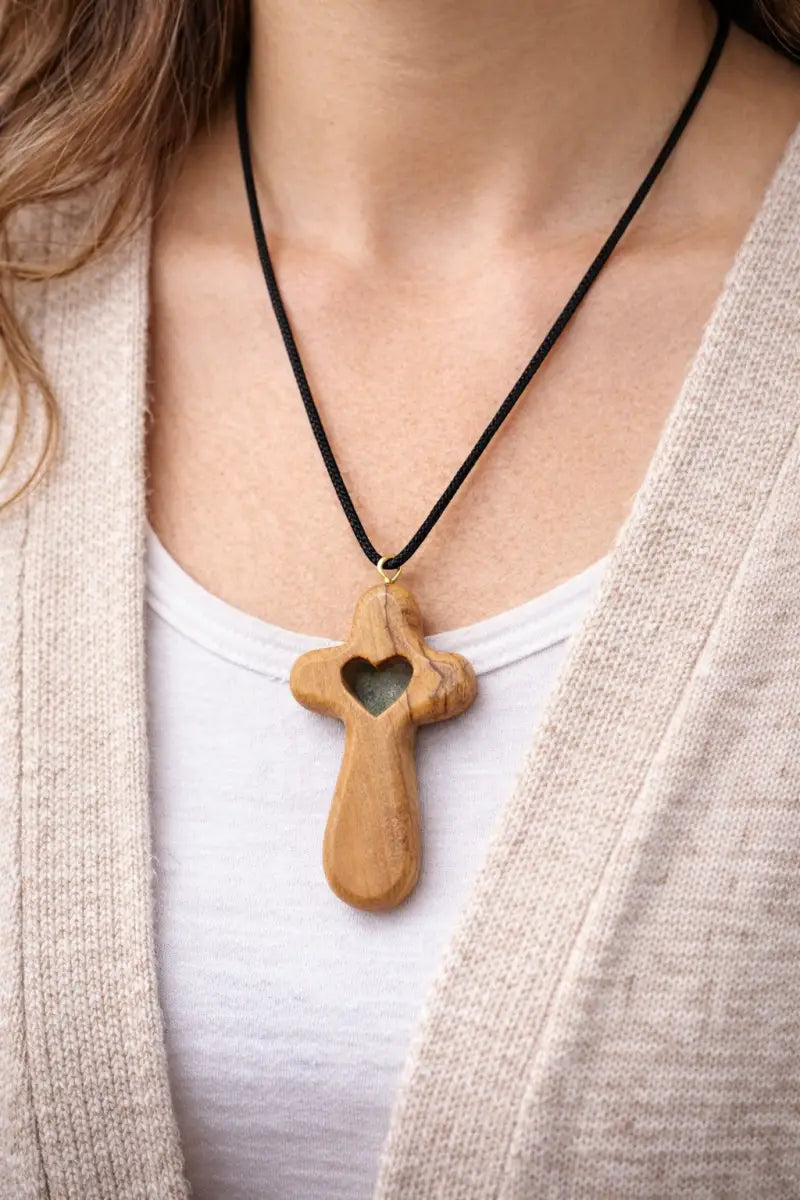 Handmade olive wood cross necklace with heart cutout from bethlehem – christian pendant adjustable cord and velvet bag