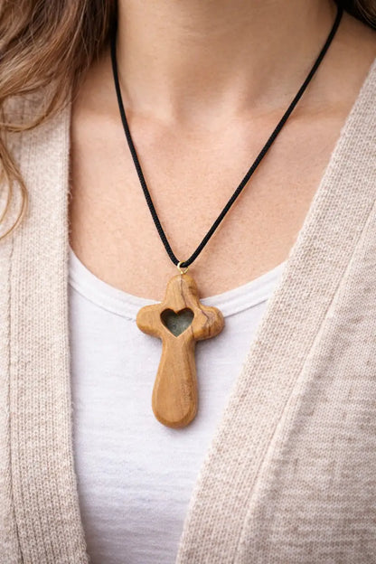 Handmade olive wood cross necklace with heart cutout from bethlehem – christian pendant adjustable cord and velvet bag