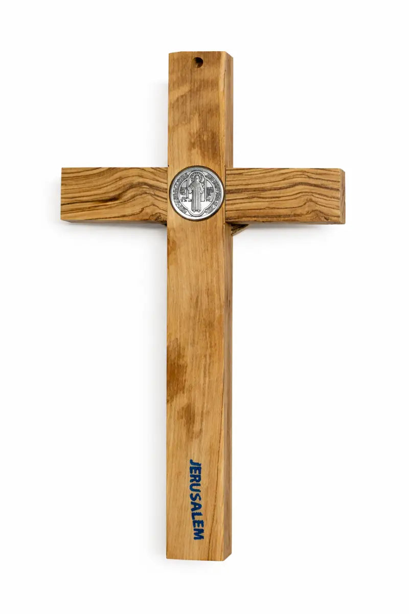 Handmade olive wood saint benedict crucifix from bethlehem – large holy land catholic cross with silver tone corpus