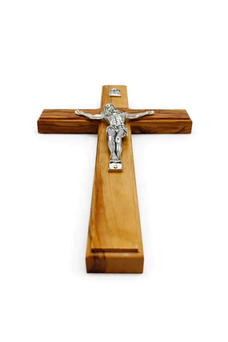 Handmade olive wood saint benedict crucifix from bethlehem – large holy land catholic cross with silver tone corpus