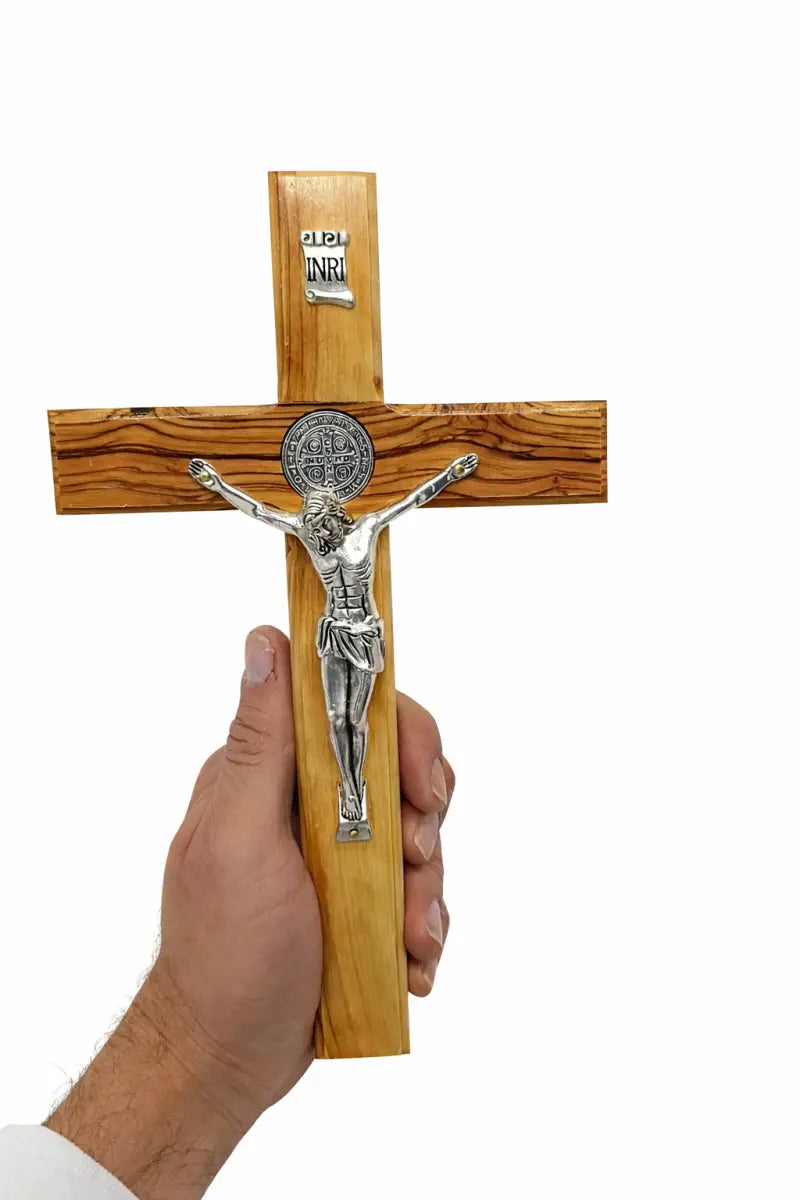 Handmade olive wood saint benedict crucifix from bethlehem – large holy land catholic cross with silver tone corpus