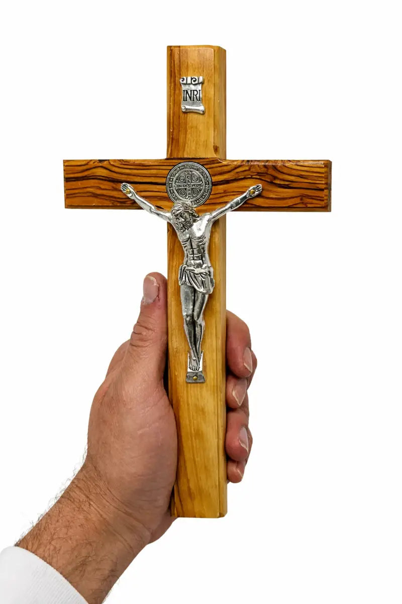 Handmade olive wood saint benedict crucifix from bethlehem – large holy land catholic cross with silver tone corpus