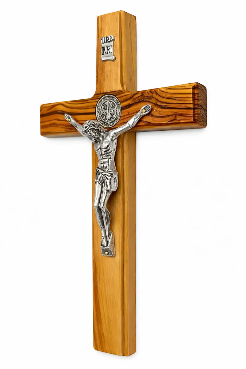 Handmade olive wood saint benedict crucifix from bethlehem – large holy land catholic cross with silver tone corpus