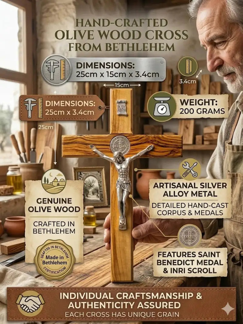 Handmade olive wood saint benedict crucifix from bethlehem – large holy land catholic cross with silver tone corpus