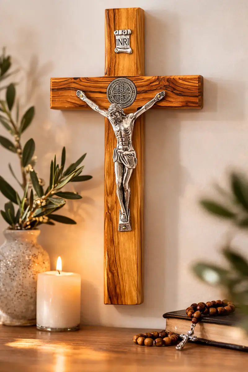 Handmade olive wood saint benedict crucifix from bethlehem – large holy land catholic cross with silver tone corpus