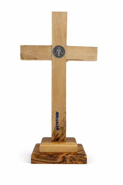 Handmade olive wood saint benedict standing crucifix from bethlehem – catholic cross with base 11.2 x 5.6 inches
