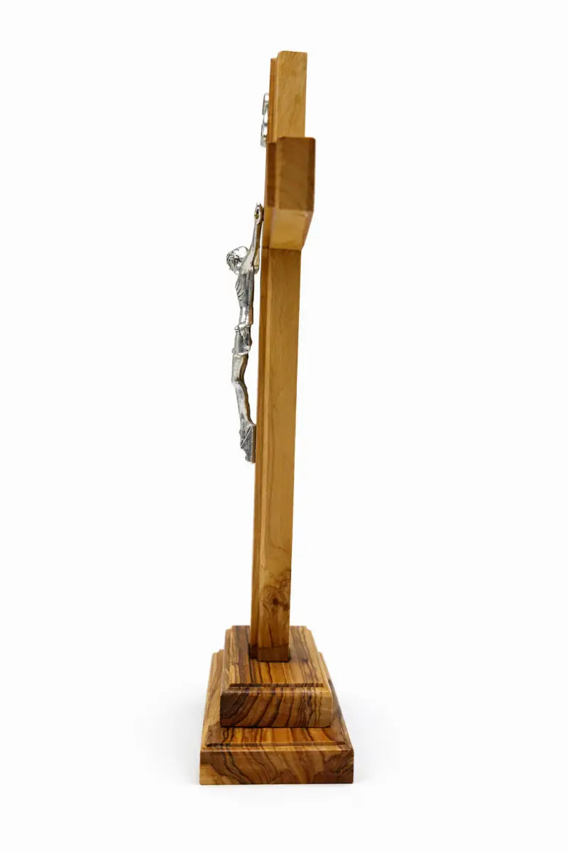 Handmade olive wood saint benedict standing crucifix from bethlehem – catholic cross with base 11.2 x 5.6 inches