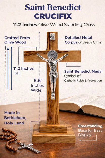 Handmade olive wood saint benedict standing crucifix from bethlehem – catholic cross with base 11.2 x 5.6 inches
