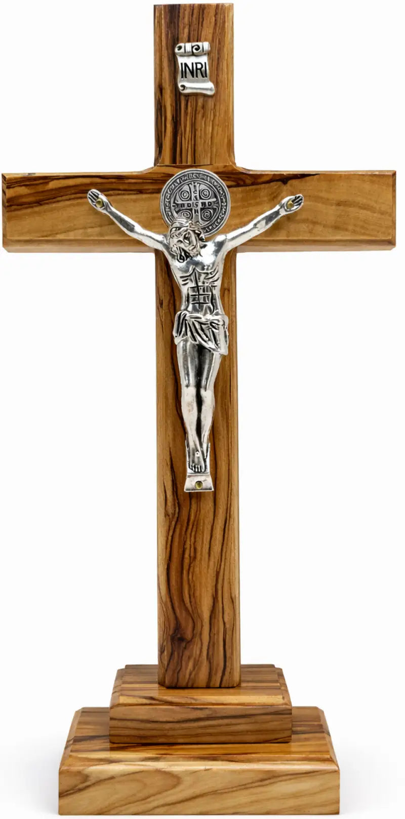 Handmade olive wood saint benedict standing crucifix from bethlehem – catholic cross with base 11.2 x 5.6 inches