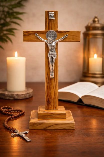 Handmade olive wood saint benedict standing crucifix from bethlehem – catholic cross with base 11.2 x 5.6 inches