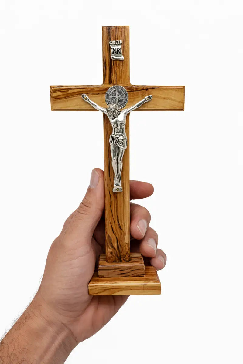 Handmade olive wood saint benedict standing crucifix from bethlehem – catholic cross with base 11.2 x 5.6 inches
