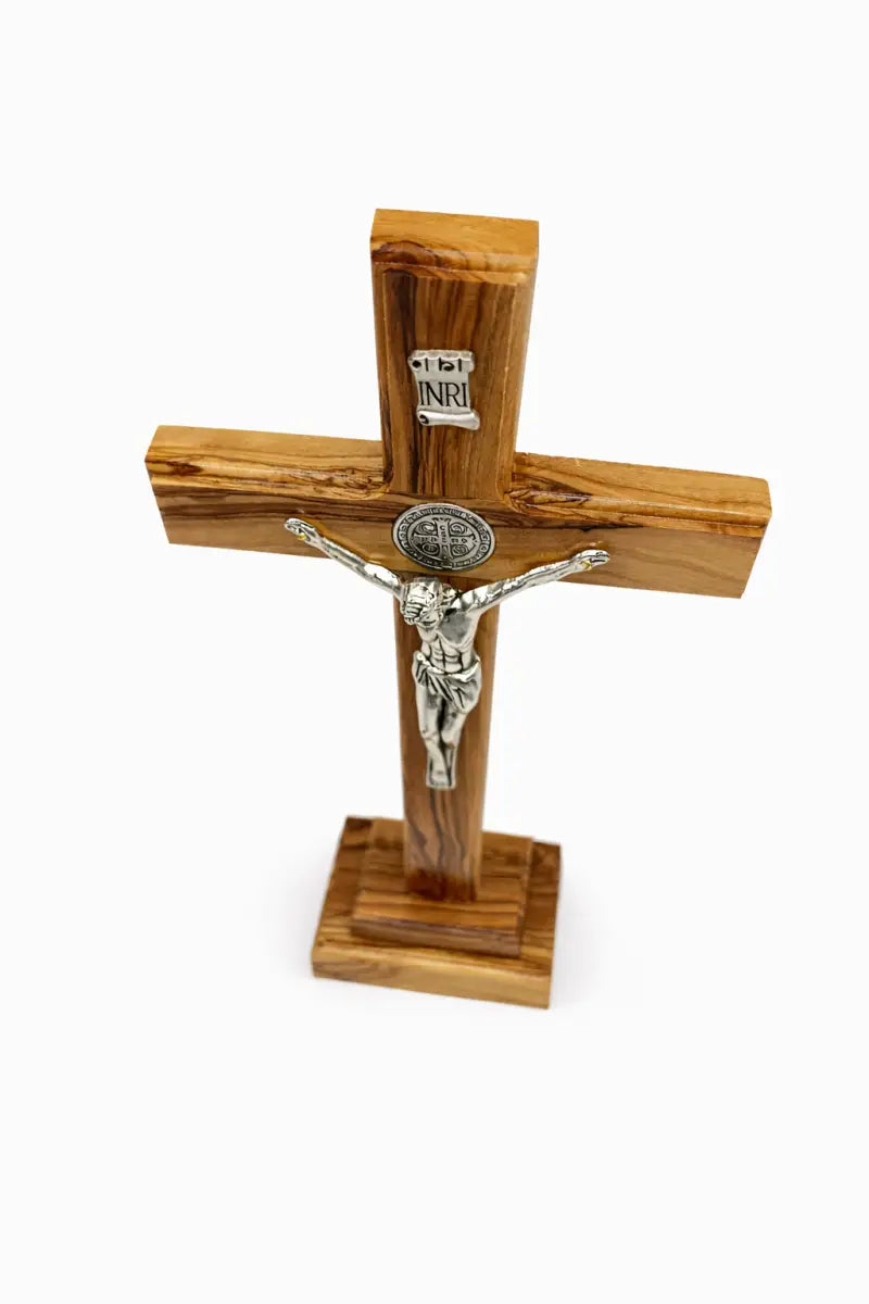 Handmade olive wood saint benedict standing crucifix from bethlehem – catholic cross with base 11.2 x 5.6 inches