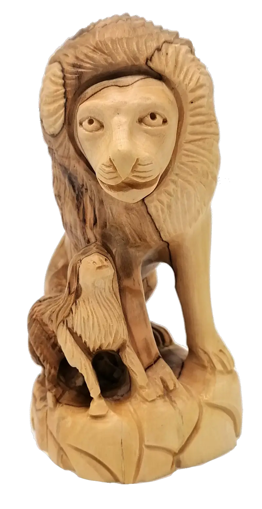 Handmade olive wood sculpture lamb with lion - animals