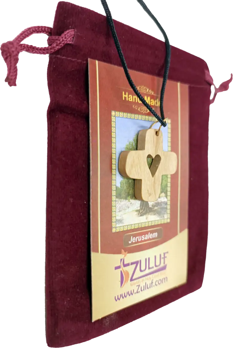 Heart cross pendant crafted from olive wood the holy land