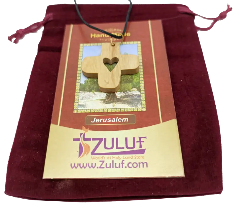 Heart cross pendant crafted from olive wood the holy land