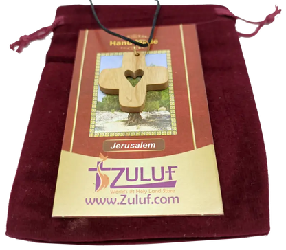 Heart cross pendant crafted from olive wood the holy land