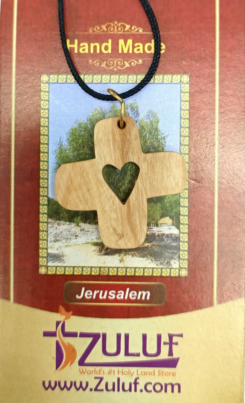 Heart cross pendant crafted from olive wood the holy land