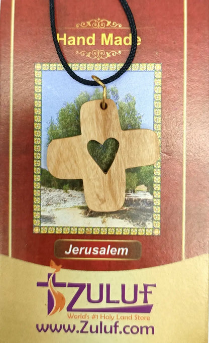 Heart cross pendant crafted from olive wood the holy land
