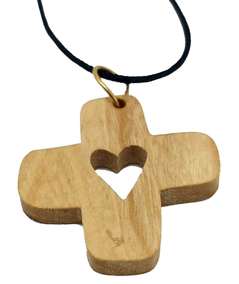 Heart cross pendant crafted from olive wood the holy land