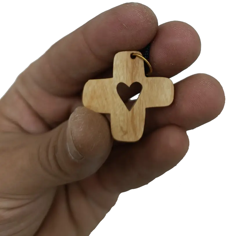 Heart cross pendant crafted from olive wood the holy land
