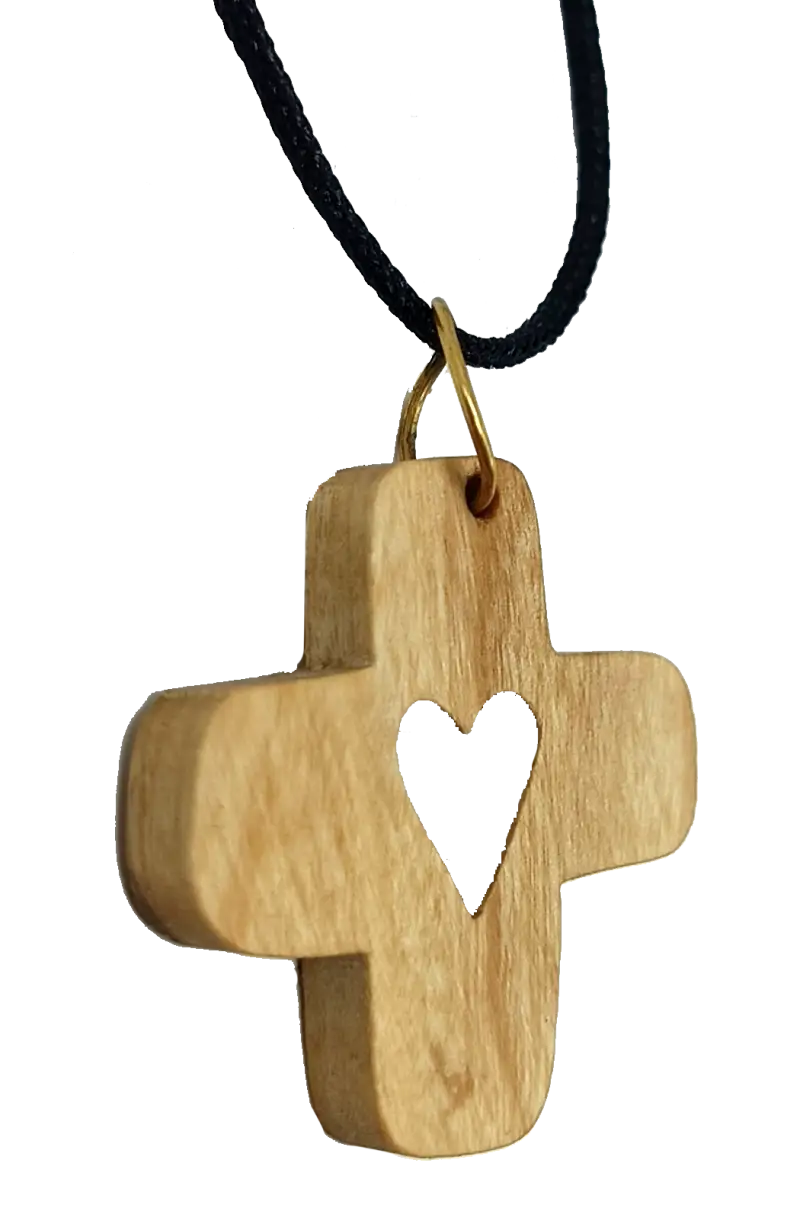 Heart cross pendant crafted from olive wood the holy land