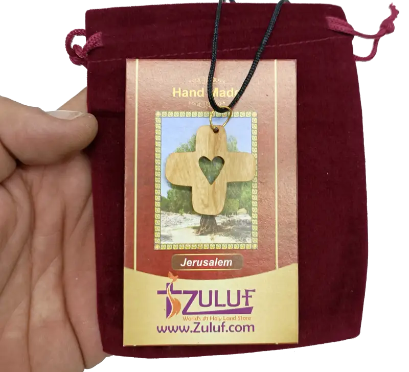Heart cross pendant crafted from olive wood the holy land