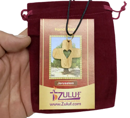 Heart cross pendant crafted from olive wood the holy land