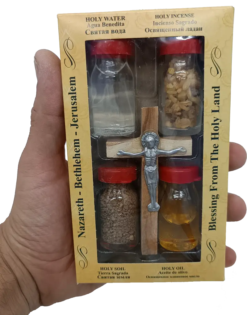 Holy land gift set – water anointing oil soil incense & olive wood crucifix | 5-piece blessing pack from jerusalem