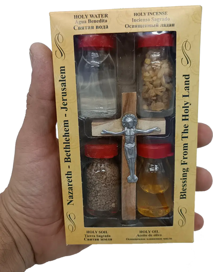 Holy land gift set – water anointing oil soil incense & olive wood crucifix | 5-piece blessing pack from jerusalem