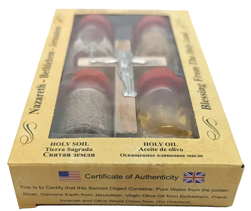 Holy land gift set – water anointing oil soil incense & olive wood crucifix | 5-piece blessing pack from jerusalem