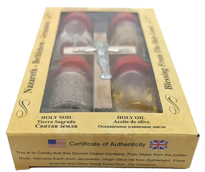 Holy land gift set – water anointing oil soil incense & olive wood crucifix | 5-piece blessing pack from jerusalem