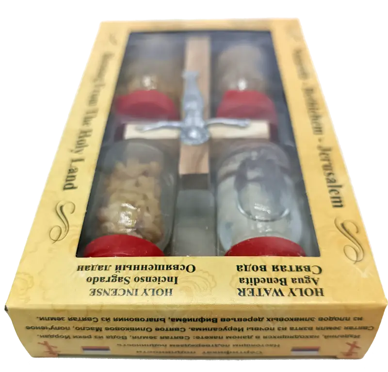 Holy land gift set – water anointing oil soil incense & olive wood crucifix | 5-piece blessing pack from jerusalem