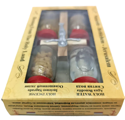 Holy land gift set – water anointing oil soil incense & olive wood crucifix | 5-piece blessing pack from jerusalem