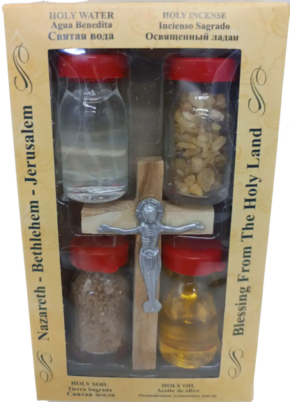 Holy land gift set – water anointing oil soil incense & olive wood crucifix | 5-piece blessing pack from jerusalem