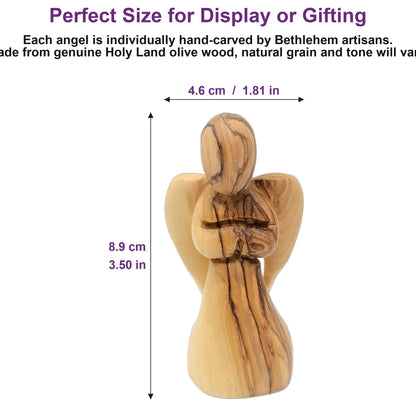 Olive wood angel figure shown at 3.5 inches tall alongside everyday objects, highlighting its ideal gift-ready compact size.