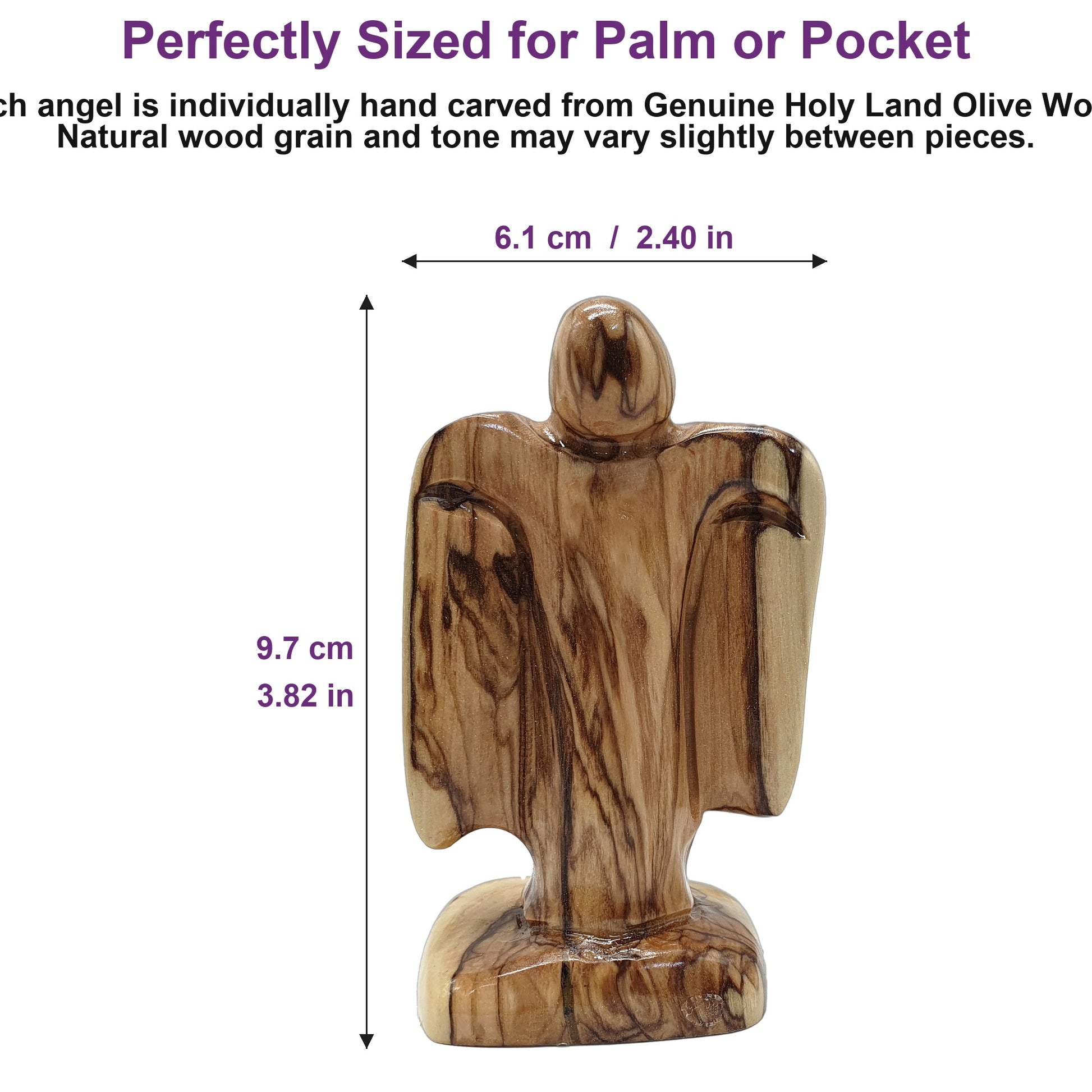 3.8-inch Bethlehem olive wood angel shown beside a coin to highlight its compact, giftable size.