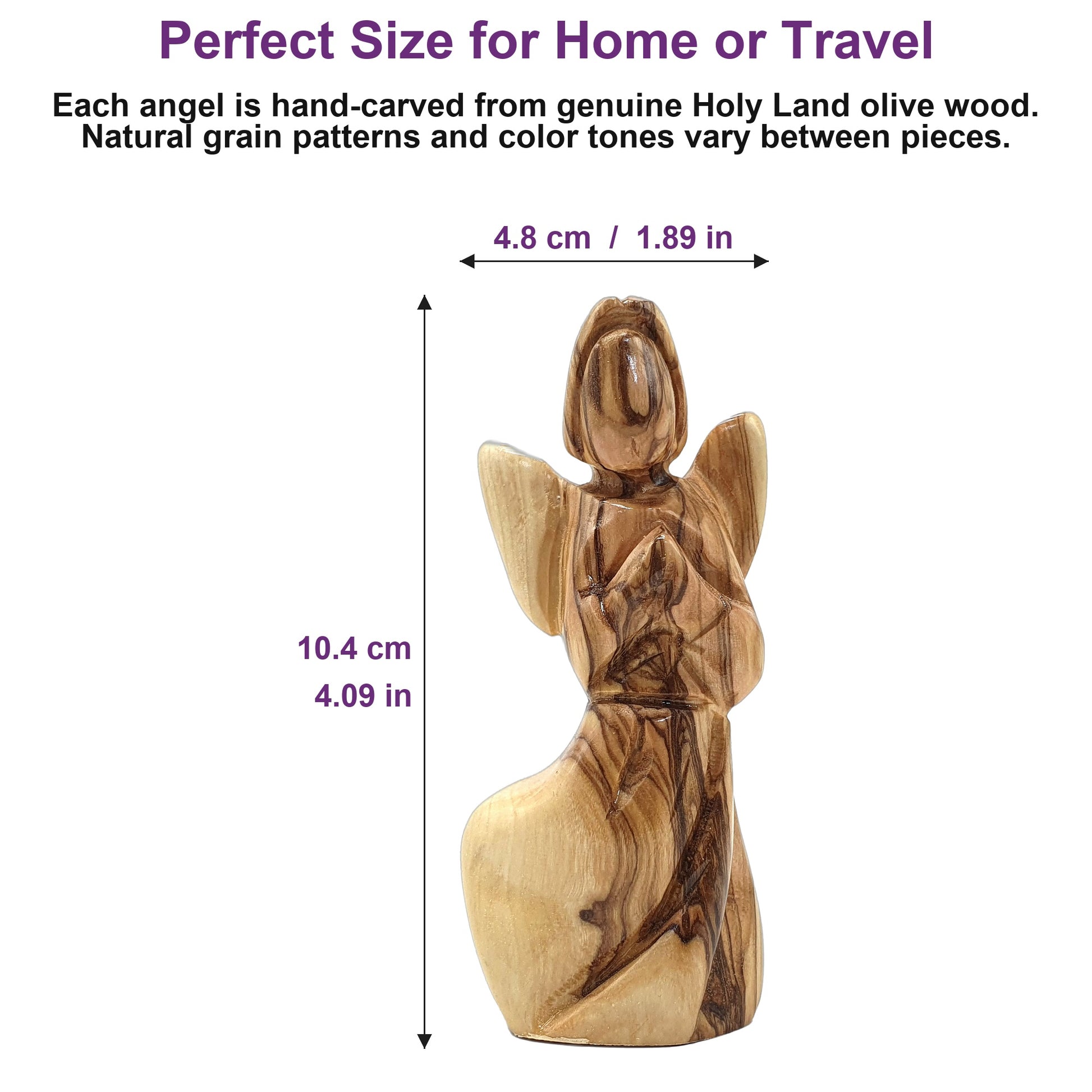 4.1-inch Bethlehem olive wood angel shown beside everyday objects to illustrate its compact, giftable size.