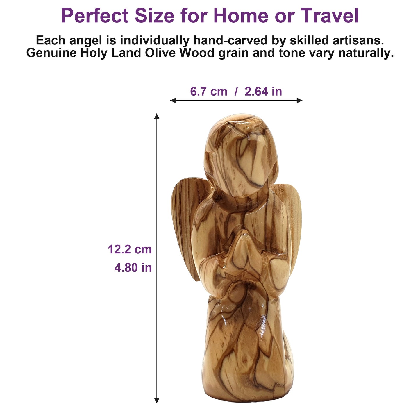 4.8-inch Bethlehem olive wood faceless angel shown beside everyday object to illustrate its ideal display size.