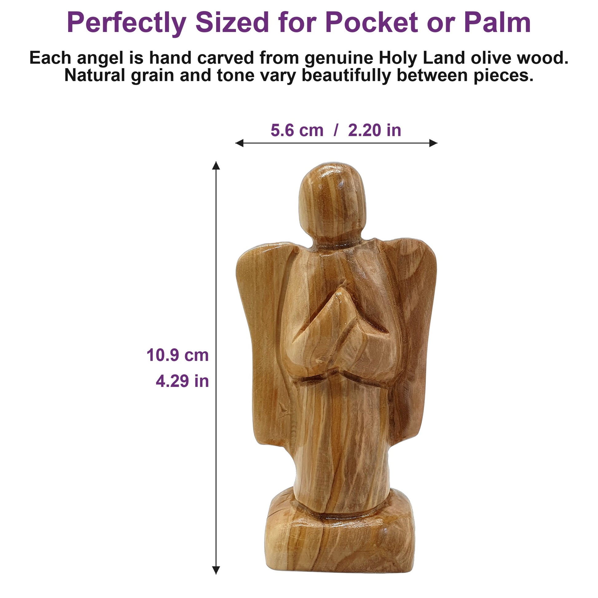 Faceless olive wood angel standing 4.3 inches tall, showing its compact and elegant size for display or gifting.