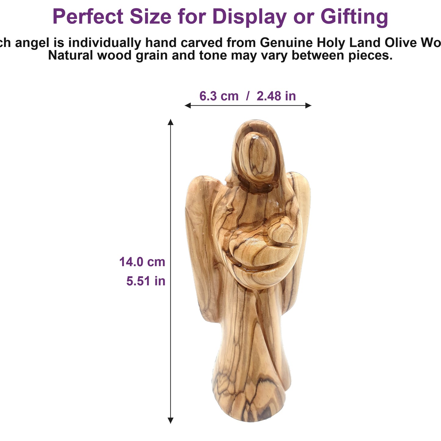 5.5-inch Bethlehem olive wood angel shown beside everyday objects, ideal for display on shelves or desks.