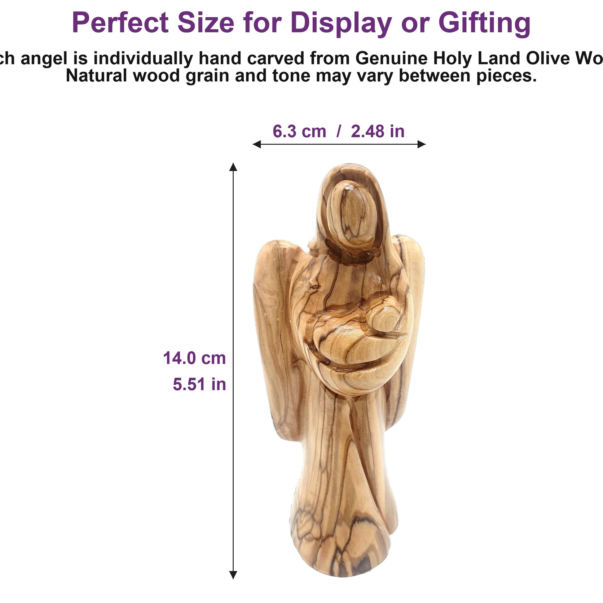 5.5-inch Bethlehem olive wood angel shown beside everyday objects, ideal for display on shelves or desks.