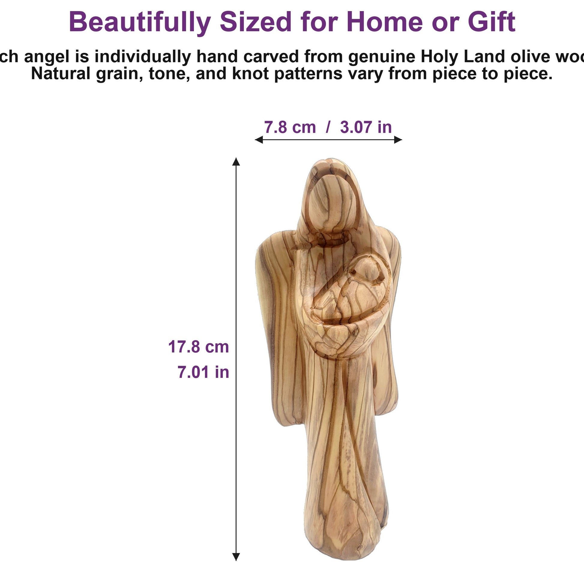 7-inch olive wood angel from Bethlehem shown beside everyday objects to highlight its elegant, display-ready size.
