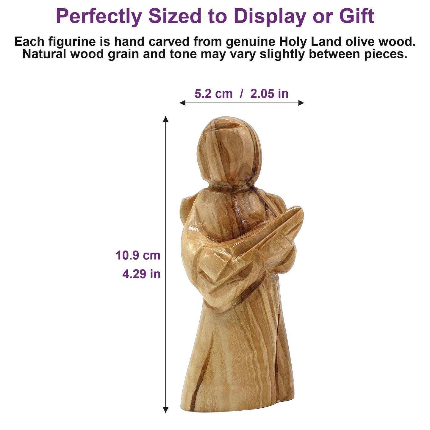 Faceless olive wood angel figurine standing 4.3 inches tall, handcrafted in Bethlehem for a perfect gift or display piece.