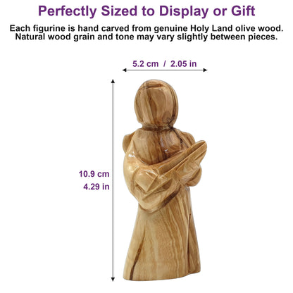 Faceless olive wood angel figurine standing 4.3 inches tall, handcrafted in Bethlehem for a perfect gift or display piece.